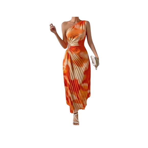 One Shoulder Dress, Maxi, Asymmetrical Neckline, Shein, L, Orange White - Picture 4 of 6